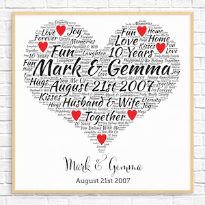 Personalized 10th ANNIVERSARY GIFT ~ Tin Anniversary ~ 10 Year Anniversary Word Art ~ Printable ~ 10th Wedding Anniversary Gift ~Unique Gift