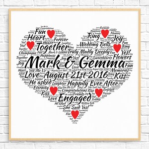 Cadeau de fiançailles personnalisé - Word Art - impression d'art - oeuvre d'art imprimable - cadeau de fiançailles unique pour couple - carte de fiançailles - motif coeur