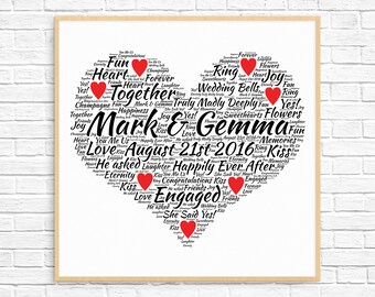 Personalized ENGAGEMENT GIFT - Word Art - Art Print - Printable Art - Unique Engagement gift For Couple - Engagement Card - Heart Design