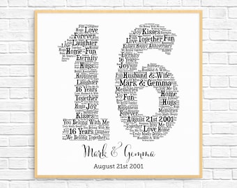 PERSONALIZED 16TH ANNIVERSARY Gift ~ Word Art ~ Printable Art ~ Unique Anniversary gift ~ 16 Year Wedding Anniversary Gift ~ Unique Gift