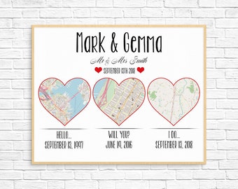 Map Engagement Gift, Unique Engagement Gift, Engagement Map, Map Gift, Met Married Live, Hearts, Wedding Anniversary Present, Personalized