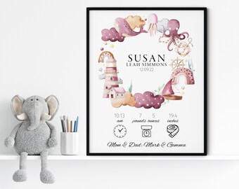 Personalized Baby Birth Print, New Baby Gift, Birth Details, Birth Stats Gift For New Parents, Gift for Newborn Baby Boy Girl