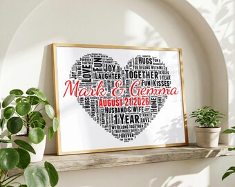 Personalized 1st Wedding Anniversary Word Art, First Year Wedding Anniversary Gift, Custom Wall Art Picture Gift