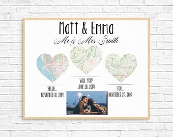 Map Engagement Gift, Unique Engagement Gift, Engagement Map, Map Gift, Met Married Live, Hearts, Wedding Anniversary Present, Personalized