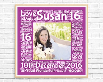 Personalized 16TH BIRTHDAY GIFT ~ Word Art ~ Gift for her ~ Personalised Gift ~ Birthday Gift ~ Bespoke Gift ~ 16th Birthday