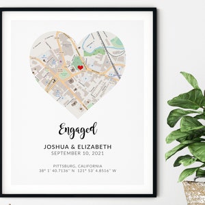 Engagement Map Print Gift, Engagement Print, Engagement Coordinates, Engagement Gift for Couple, Valentines Gift,Personalized Location Print