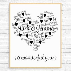 PERSONALIZED 10TH ANNIVERSARY Gift, Word Art, Gift for Wife, Gift for Husband, Unique Anniversary Gift, 10 Year Wedding Anniversary Gift
