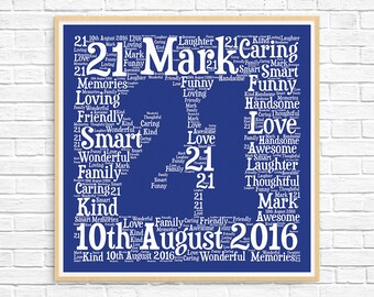 May include: A blue background with white text forming a word cloud. The text includes the words "Mark", "21", "10th August 2016", "Love", "Kind", "Caring", "Smart", "Family", "Friendly", "Awesome", "Wonderful", "Memories", "Thoughtful", "Handsome", "Laughter", and "Funny".