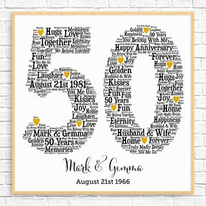 May include: A framed print celebrating a golden anniversary. The numbers "50" are formed from words like "Love," "Joy," and "Forever." The names "Mark & Gemma" and the dates "August 21st 1981" and "August 21st 1966" are also displayed.