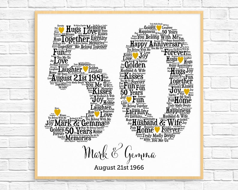 May include: A framed print celebrating a golden anniversary. The numbers "50" are formed from words like "Love," "Joy," and "Forever." The names "Mark & Gemma" and the dates "August 21st 1981" and "August 21st 1966" are also displayed.