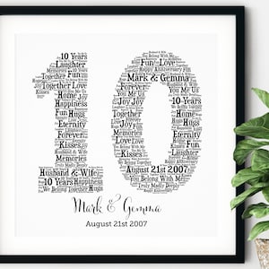 PERSONALIZED 10TH ANNIVERSARY Gift Word Art Printable Art Unique Anniversary gift 10 Year Wedding Anniversary Gift Unique Gift image 1