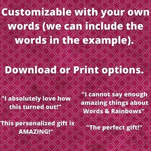 May include: A maroon background with a diamond pattern features white text that reads "Customizable with your own words" and "Download or Print options." Several customer testimonials are also included.