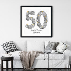 May include: A framed print celebrating a 50th wedding anniversary. The number "50" is formed with words like "Love" and "Forever." The names "Mark & Gemma" and the date "August 21st 1966" are below the numbers. The print is in a black frame.