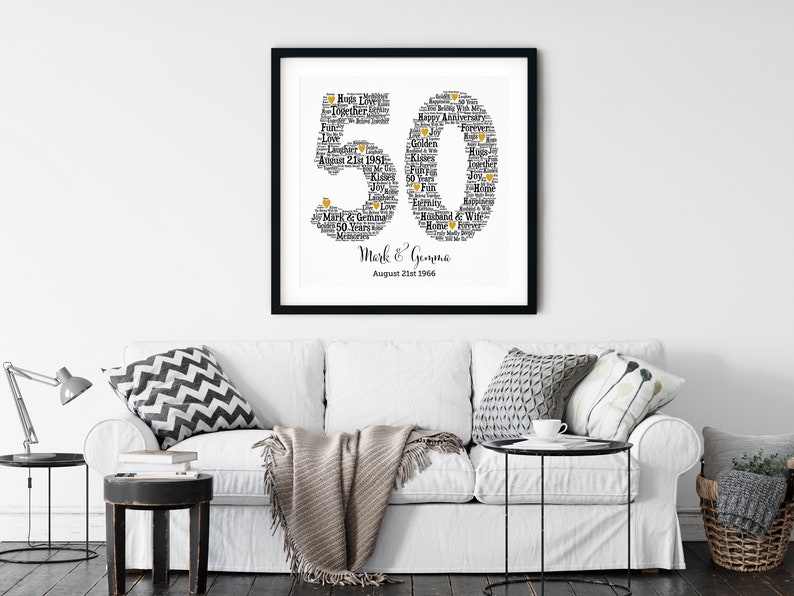 May include: A framed print celebrating a 50th wedding anniversary. The number "50" is formed with words like "Love" and "Forever." The names "Mark & Gemma" and the date "August 21st 1966" are below the numbers. The print is in a black frame.