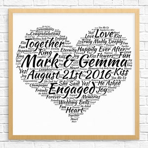 Cadeau de fiançailles personnalisé - Word Art - impression d'art - oeuvre d'art imprimable - cadeau de fiançailles unique pour couple - carte de fiançailles - motif coeur