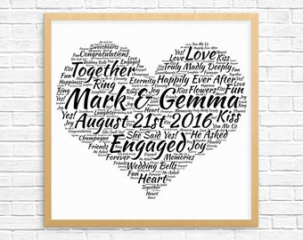 Personalized ENGAGEMENT GIFT - Word Art - Art Print - Printable Art - Unique Engagement gift For Couple - Engagement Card - Heart Design