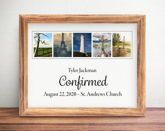 May include: A framed print with a collage of five photos. The photos are of a tree, the Eiffel Tower, a lighthouse, a cross on a mountain, and a well. The print has the text "Tyler Jackman Confirmed August 22, 2020 - St. Andrews Church".