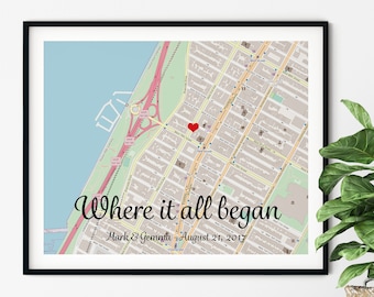 VALENTINES DAY GIFT, Wedding day gift for couple, Where it all began map, Custom made map, Any location map, Personalized map canvas