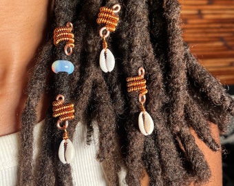 Copper Loc Jewelry, Copper Coils + Cowrie Shell. Set of 3. 100% Pure Copper, Handmade. Spiral,  Hair jewelry. Protect Your Crown. 7mm Hole.