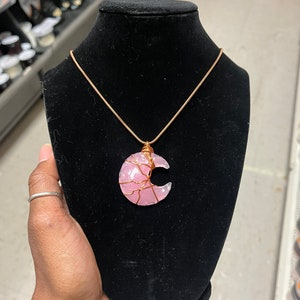 Rose Quartz Crescent Moon - Necklace. Crystal Jewelry, Copper Jewelry. Unique, handmade. Heart Chakra.