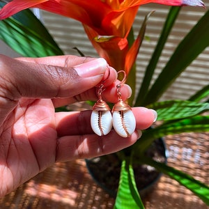 Copper Wrapped Cowrie Shell Earrings, Symbol of Femininity + Fertility. Wealth + Power. Ocean + Goddess Energy. Light Weight Earrings.