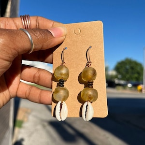 Cowrie Shell Earrings + African Beads. Handmade Earrings, Copper Jewelry. Free Shipping!