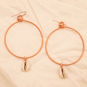 Cowrie Shell - Copper Hoop Earrings. Handcrafted, Stylish. Light Weight Hoops. Cowrie Earrings. Healing Coppper.