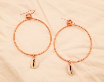 Cowrie Shell - Copper Hoop Earrings. Handcrafted, Stylish. Light Weight Hoops. Cowrie Earrings. Healing Coppper.