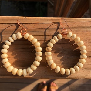 Hoop Earrings. White Beaded Hoops, Circle Earrings. Copper, African/Boho Earrings. Bone. Authentic Tribal Earrings. Handmade jewelry.