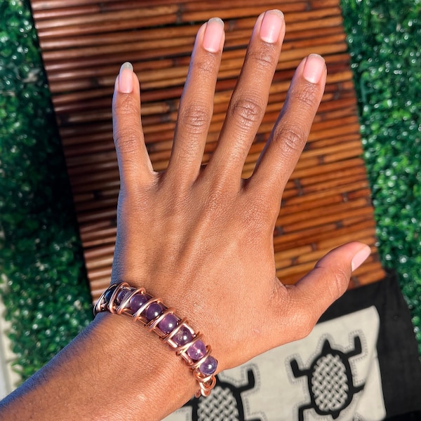 Copper + Amethyst Bracelet. Purple Crystals. Adjustable Bracelet. 100% Handmade Jewelry. Energy Protection. Crown Chakra, Third Eye. 8mm.