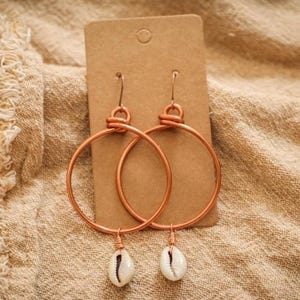 Cowrie Shell - Copper Hoop Earrings. Small Hoops. Handcrafted, Stylish. Light Weight Hoops. Cowrie Earrings. Healing Coppper.