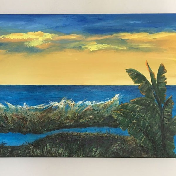 Del Mar Lagoon modern original acrylic painting in yellow gold blues ready to hang room decor
