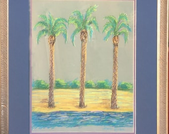 Arte pastel de palmeira da Califórnia: pintura original emoldurada