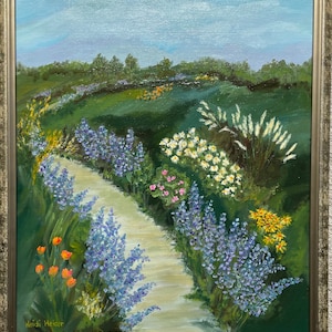GARDEN PATH - impressionist original oil painting, floral path