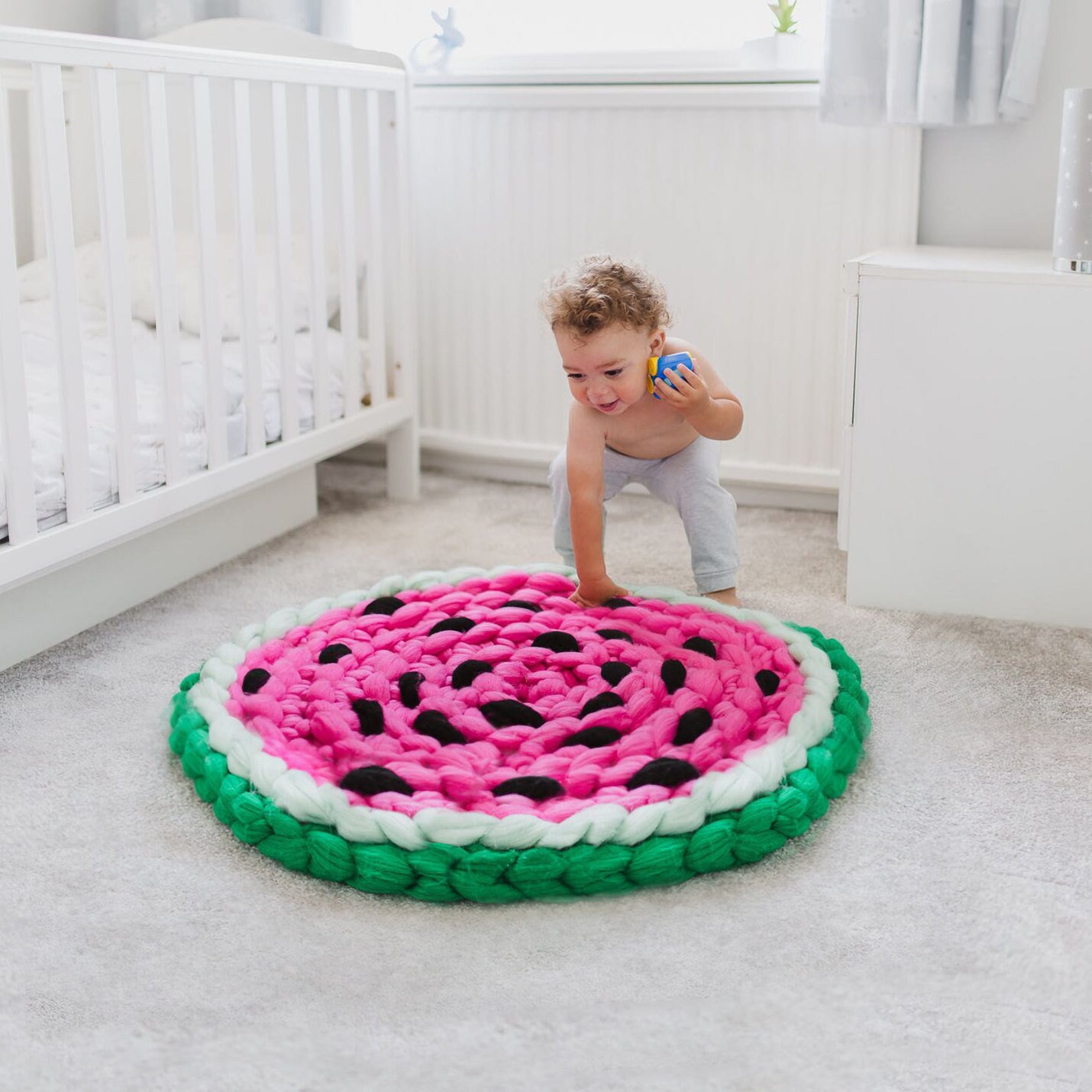 Pastèque Vegan Chunky Knit Rug - Tapis de Pépinière Rose Fait Main Chambre d'enfants Pour Enfants Dé