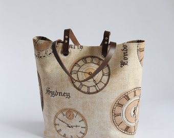 Medium Tote, World Clock Cotton Tote Bag, Shopper, Beach Bag, Handmade Bag, Handmade Tote, Summer Handbag