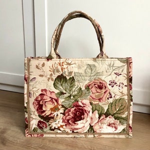 Vintage Tapestry Style Handmade Book Tote Bag, Large/Medium/Small Size Elegant Shopper Bag made of Heritage of England Roses Canvas Fabric