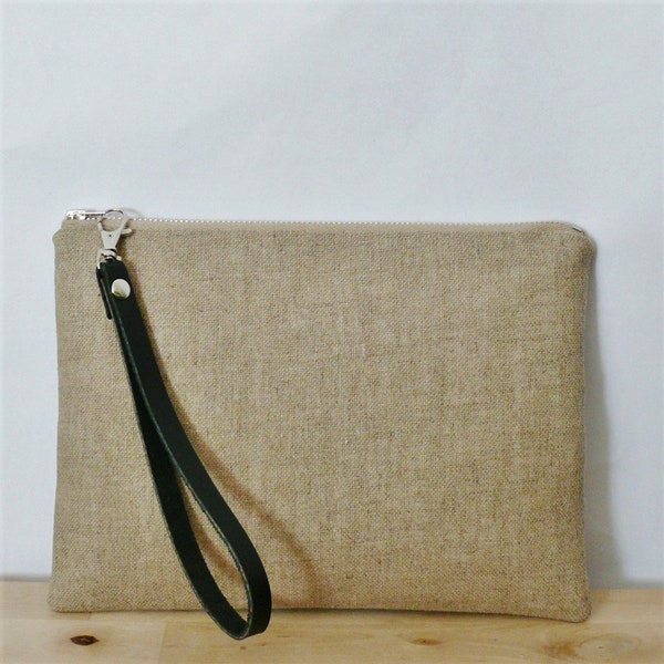 Pochette de voyage en lin naturel marron avec bracelet en cuir, sac à main en tissu pour femme, pochette de toilette à fermeture éclair indispensable, cadeau pour maman