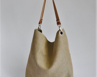 Natural Linen Jute Tote Bag, Leather Handles Medium Tote Bag, Linen Handbag Beach Bag