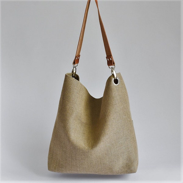 Natural Linen Tote Bag with Leather Handles,  Medium Fabric Hobo Bag, Linen Handbag Beach Bag
