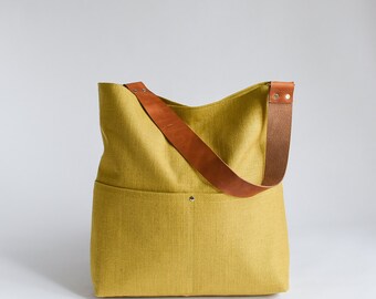 Medium Tote, Natural Linen Tote Bag, Beach Bag, Bucket Bag, Tote Bag, Hobo Tote, Boho Bag, Shoulder Bag, Mustard Colour Bag