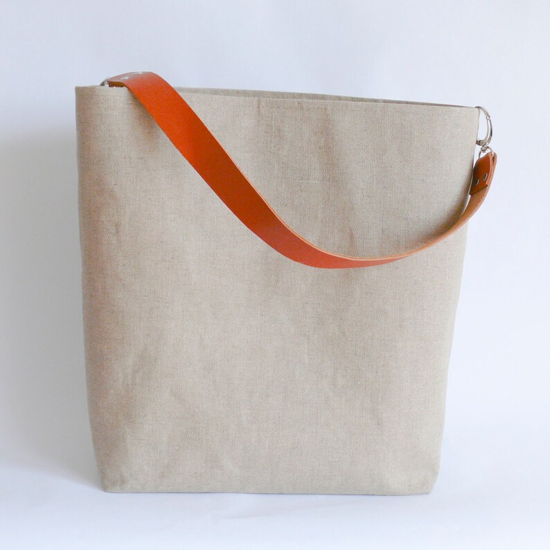 Natural Linen Jute Tote Bag Leather Handles Medium Tote Bag Etsy