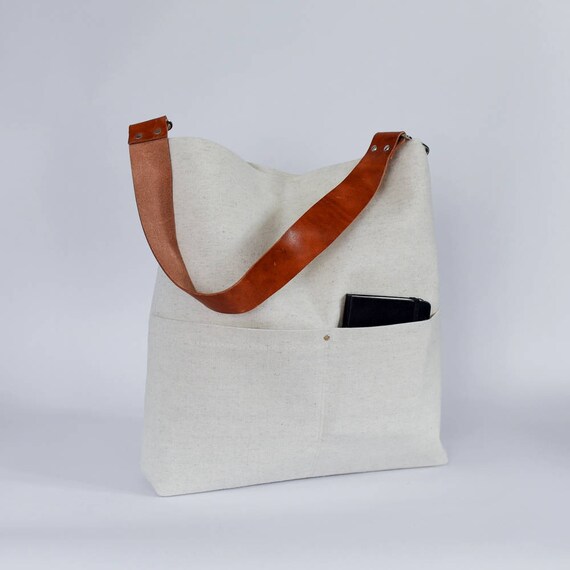 Items similar to Natural Hemp Tote Leather Handle Tote Bag, Elegant Day Bag, Market Beach Bag