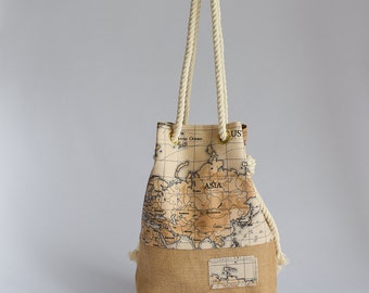 Small Bucket Bag, Beach Tote Bag, Handmade Bag, Vintage Brown Atlas Cotton and Burlap Base Beach Tote