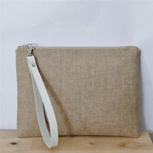 Monedero con cremallera de artículos de tocador con pulsera de cuero real en tela de lino marrón natural, bolsa de viaje necesaria con correa para mujer, regalo navideño