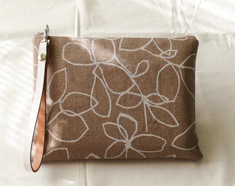 Linen Pouch with Zipper, Floral Brown Travel Clutch, Wristlet Bag, Gift for Her