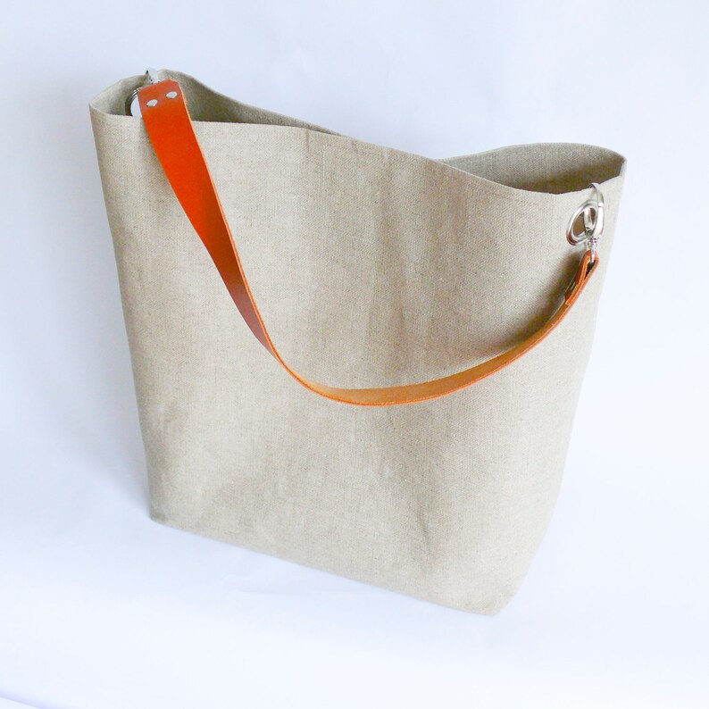 Natural Linen Jute Tote Bag Leather Handles Medium Tote Bag Etsy