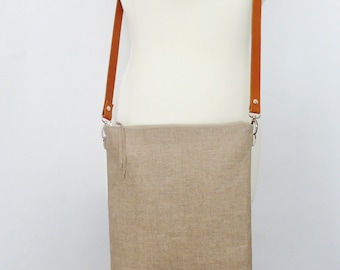 Flax Linen Crossbody Purse - Small Everyday Bag with Detachable Leather Strap