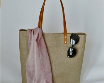 Medium Tote, Natural Linen Jute Tote Bag, Tote Bag, Shopper, Beach Bag