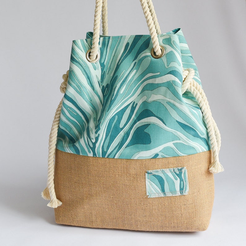 Large Handmade Hobo Bag Beach Tote Beach Bag Blue Ocean Cotton and Hessian Base Beach Tote